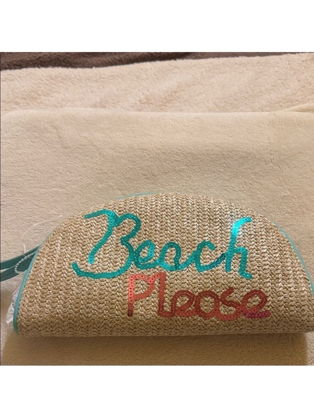 Stylish Tan Clutch with Teal and Red Accents
